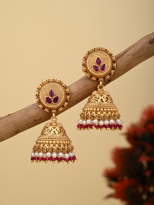 Antique Gold-Plated Temple Jhumka Earrings - Red