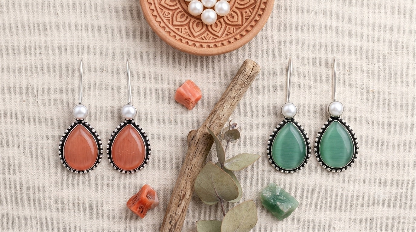 Set of two Monalisa drop earrings - Sage & Orange