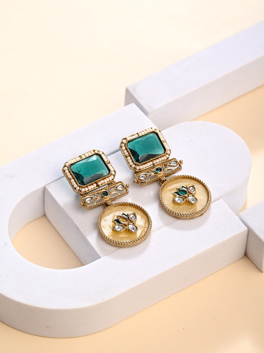 Gold-Plated Geometric Drop Earrings with MOP Filigree Green