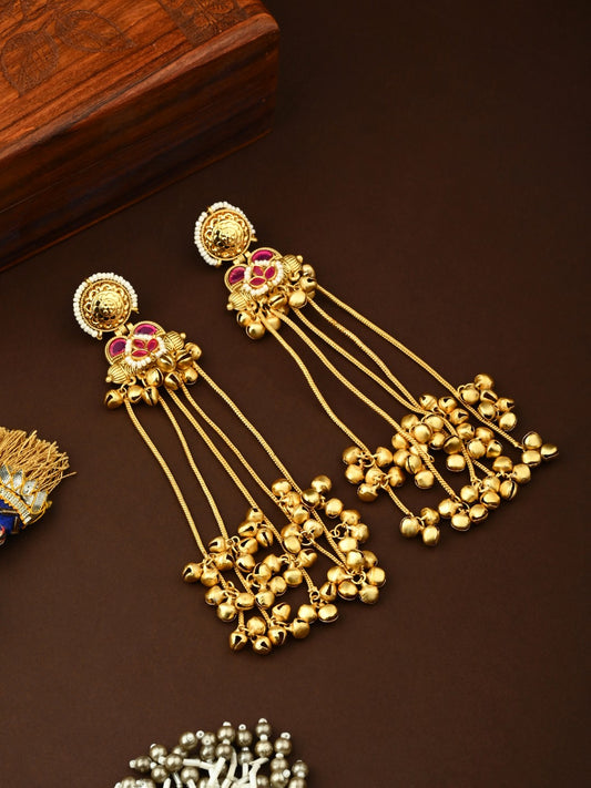 Kashmiri Long drop Ghungroo Earring - Red