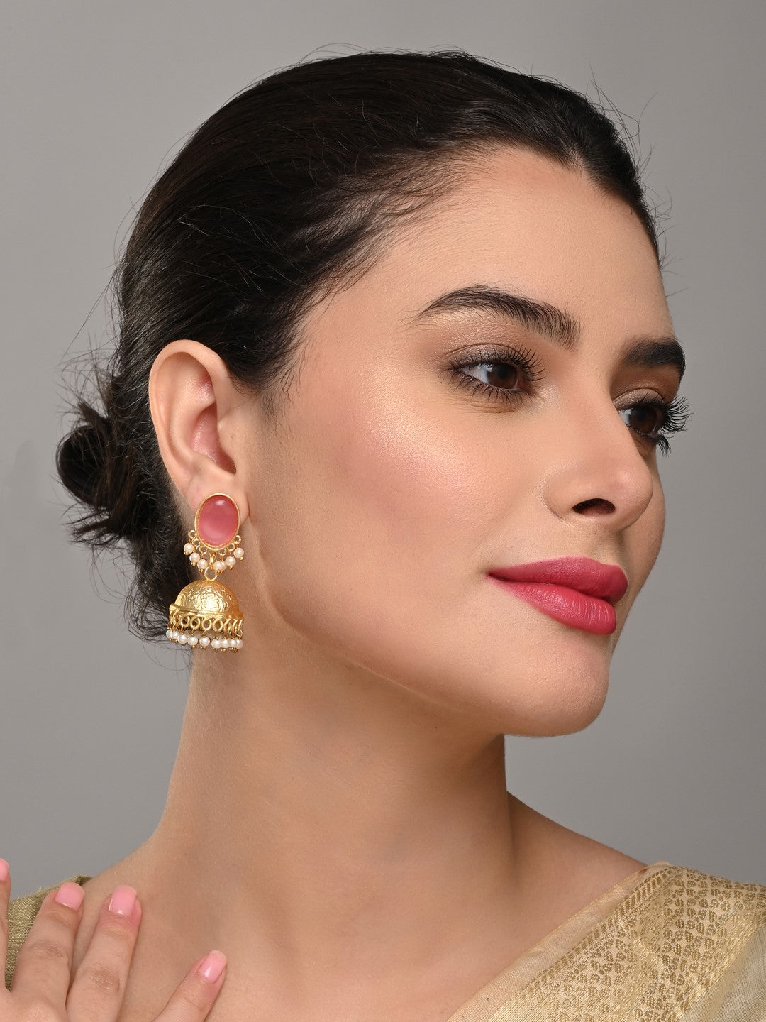 Gold plated Jhumka Earring Pink