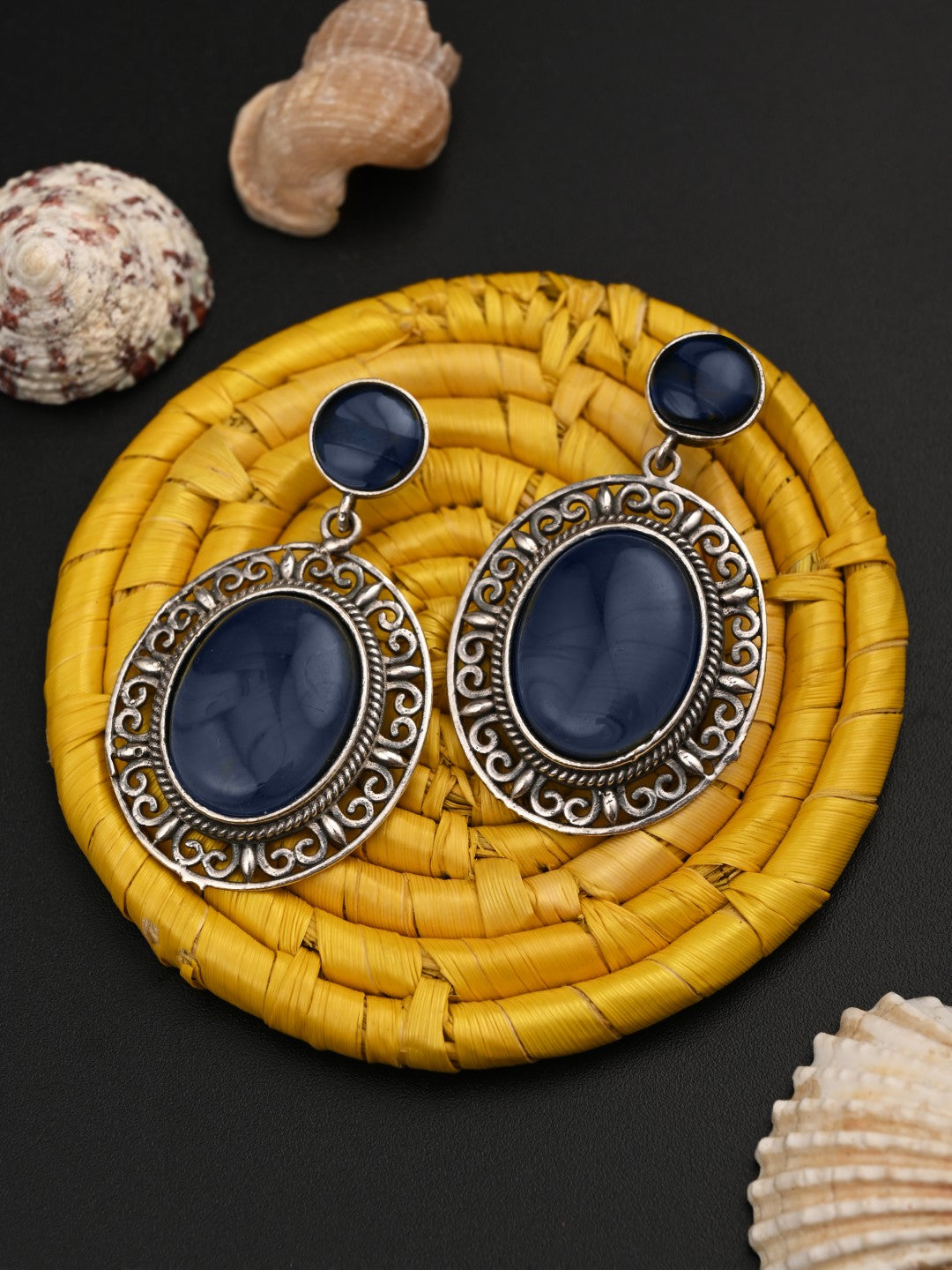 Oval Drop Earring in Silver frame with filigree