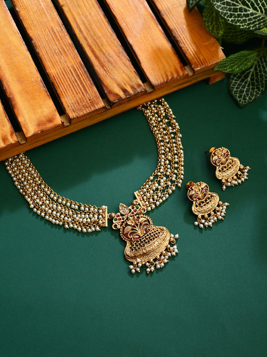 Antique Gold Layered Kundan Necklace Set with drop Earrings Red