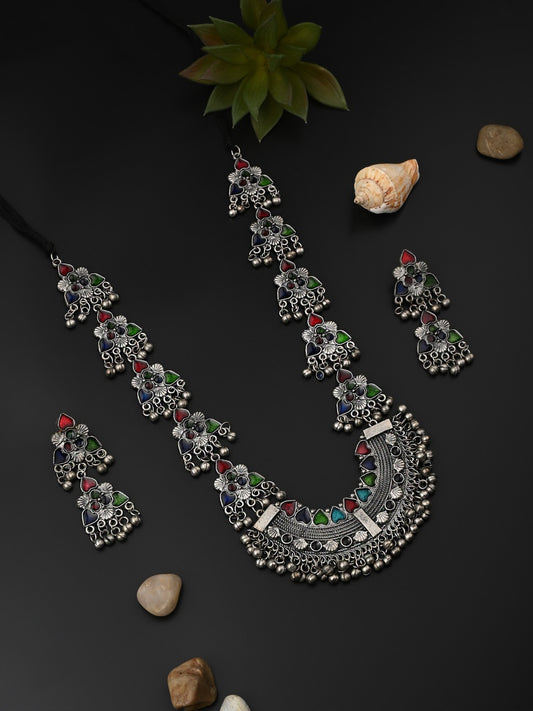 Silver Oxidised Finish Meenakari Necklace Set
