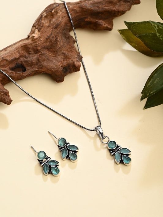 Elegant Crystal Pendant Necklace Set with Matching Drop Earrings - Sage Green