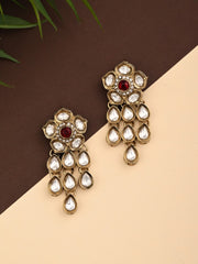 Gold plated Kundan flower drop Earrings - Red