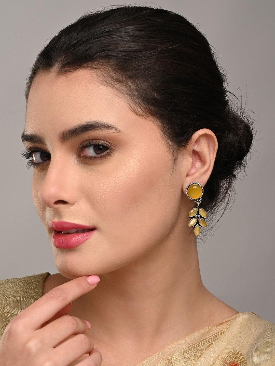 Silver Oxydised finish Yellow stone work drop earring