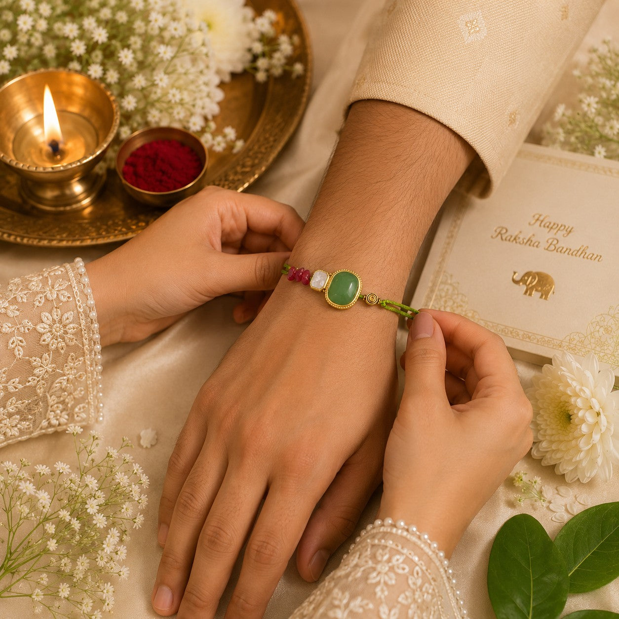 Emerald Harmony Handmade Rakhi with Kundan Accent & Ruby Beads Red