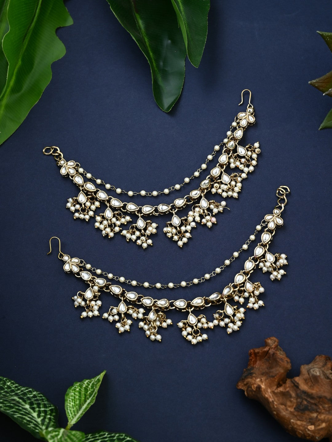 Kundan & Beads double layered ear chains