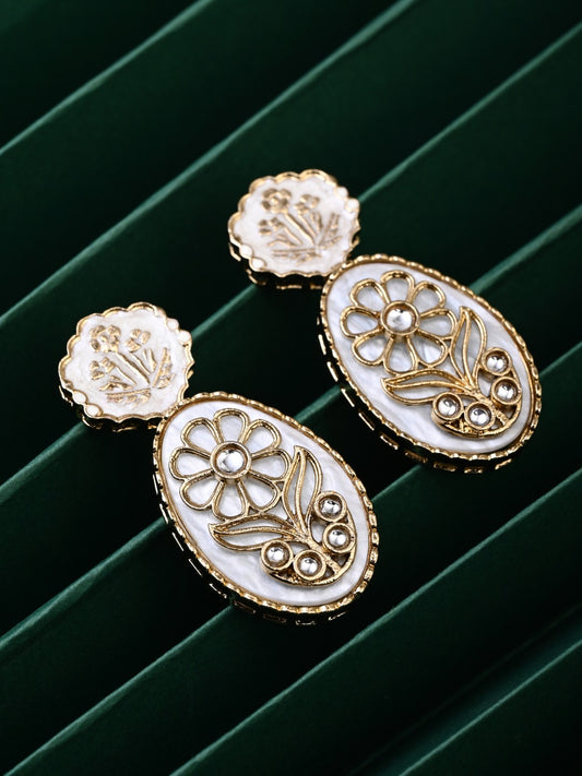 MOP Meenakari Floral Drop Earrings - White