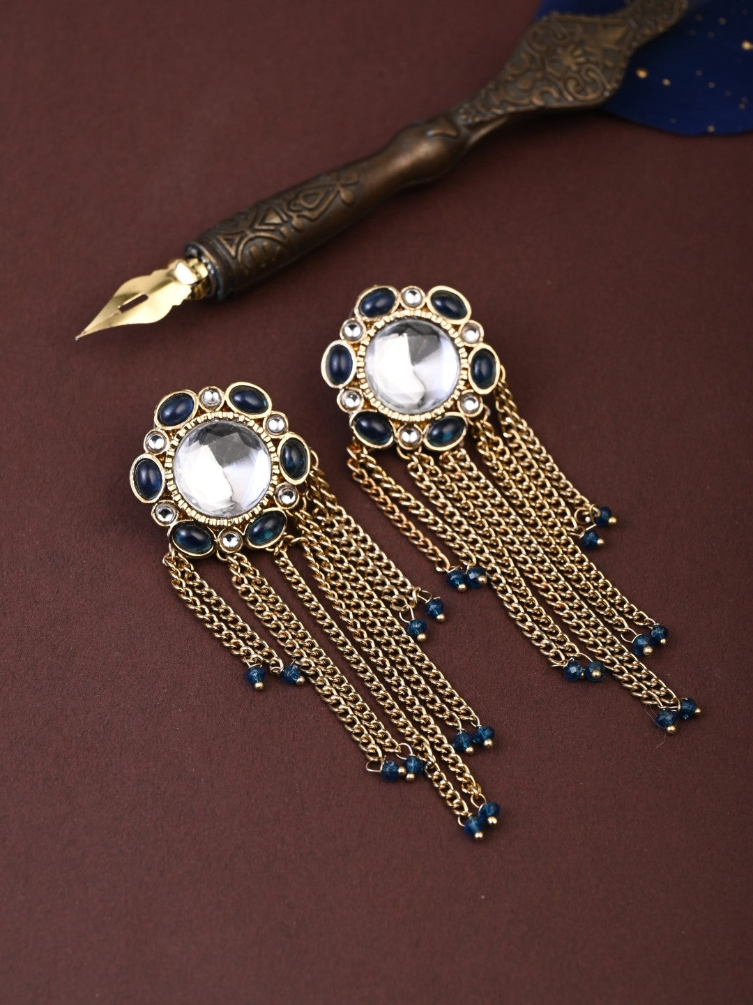 Kundan Tassel Drop Earrings - Blue