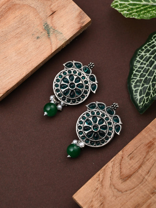 Stones Studded Circular Studs- Green