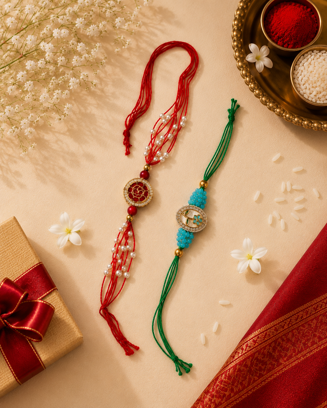 Emerald & Turquoise Floral Rakhi Set