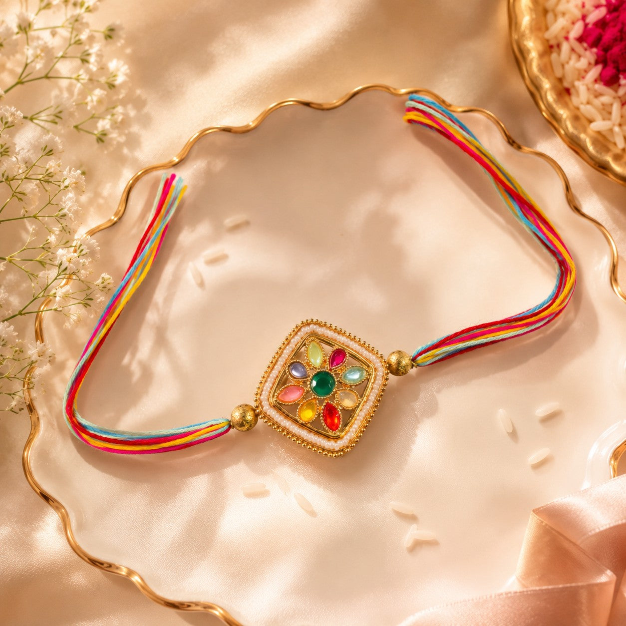 Rainbow Blossom Handmade Rakhi with Multicolour Gemstone Motif