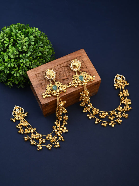 Gold plated Studs Earring with Ear chains Green