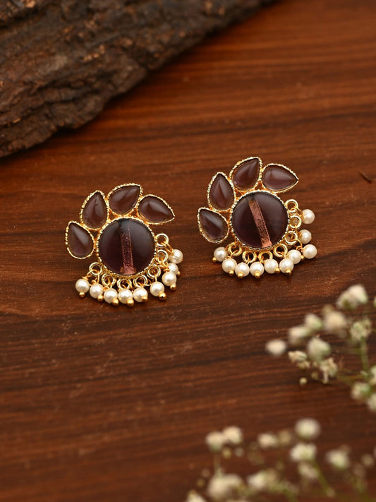 Stone Gold-Toned Earrings with Pearl Drops - Purple