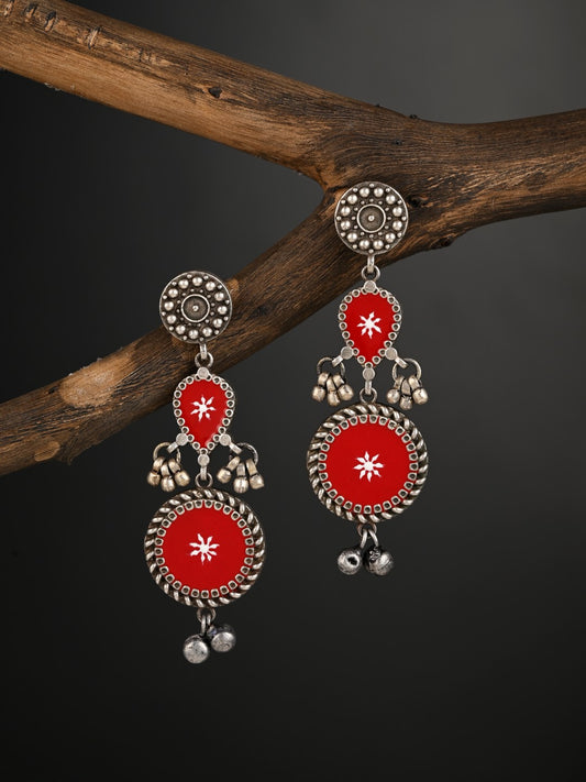 Hand-Painted circular Drop Earrings Red