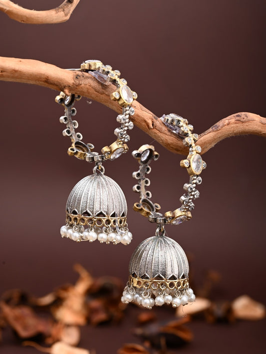 Two-Tone Brass Stone-Studded Jhumka Earrings