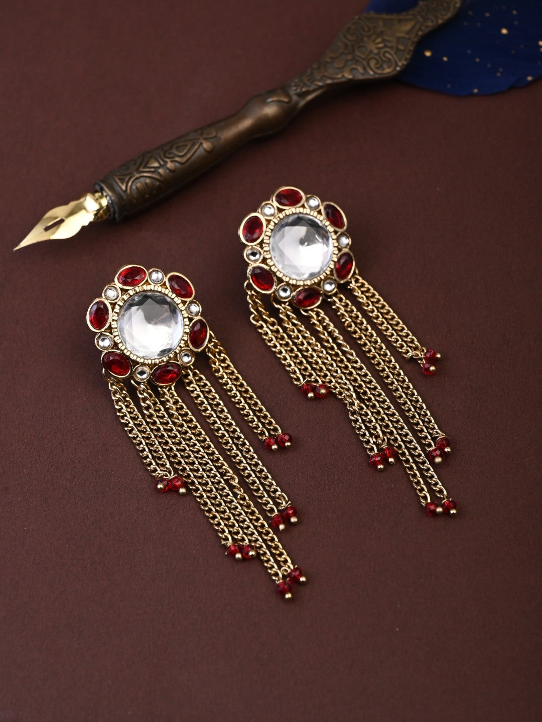 Kundan Tassel Drop Earrings - Red