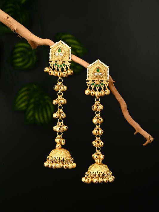 Geometric long drop Green Jhumka Earring