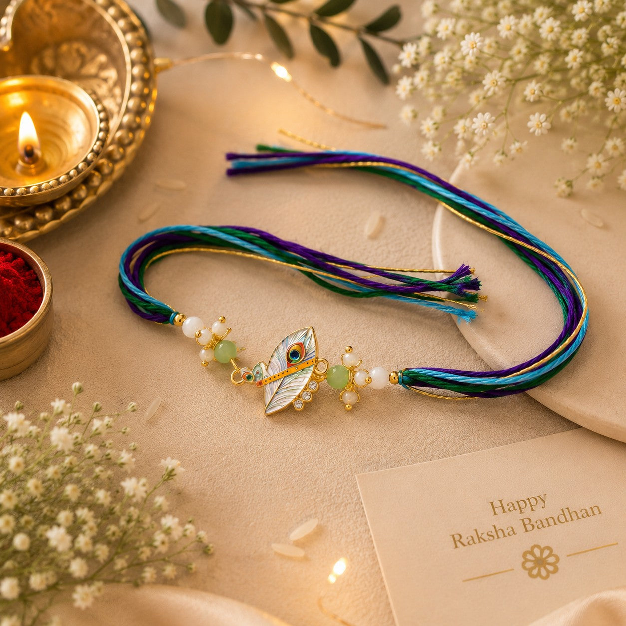 Peacock Charm & Flute Feather Rakhi Set