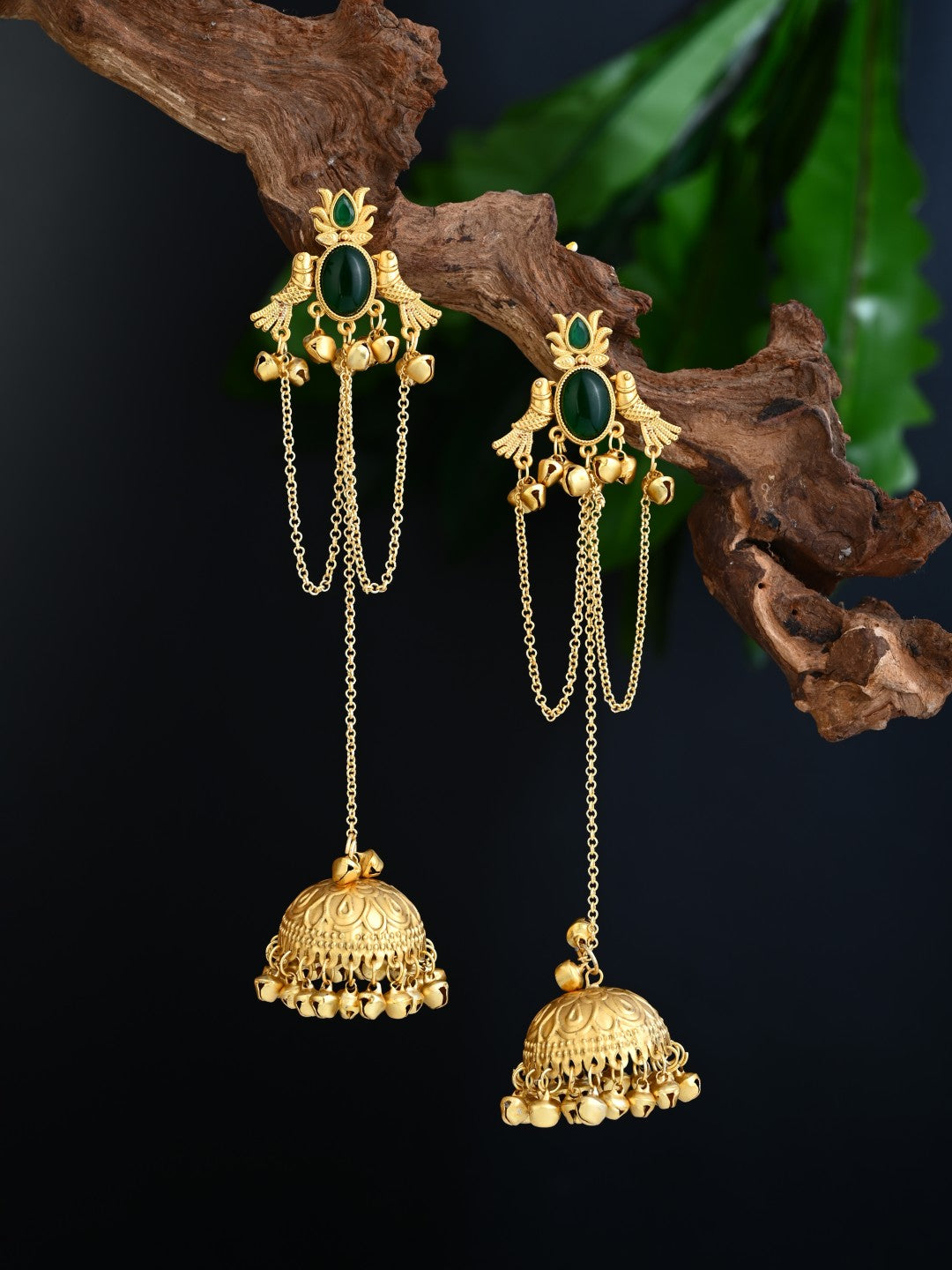 Emerald Green Temple Jhumka Earrings with Chain Tassels