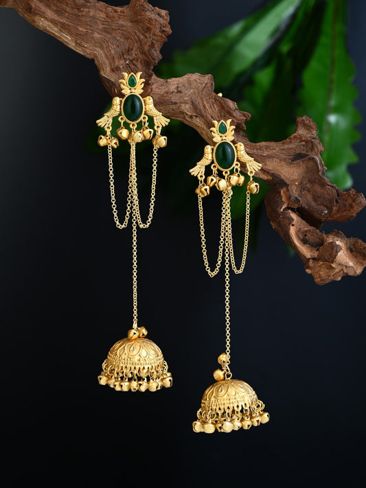 Emerald Green Temple Jhumka Earrings with Chain Tassels
