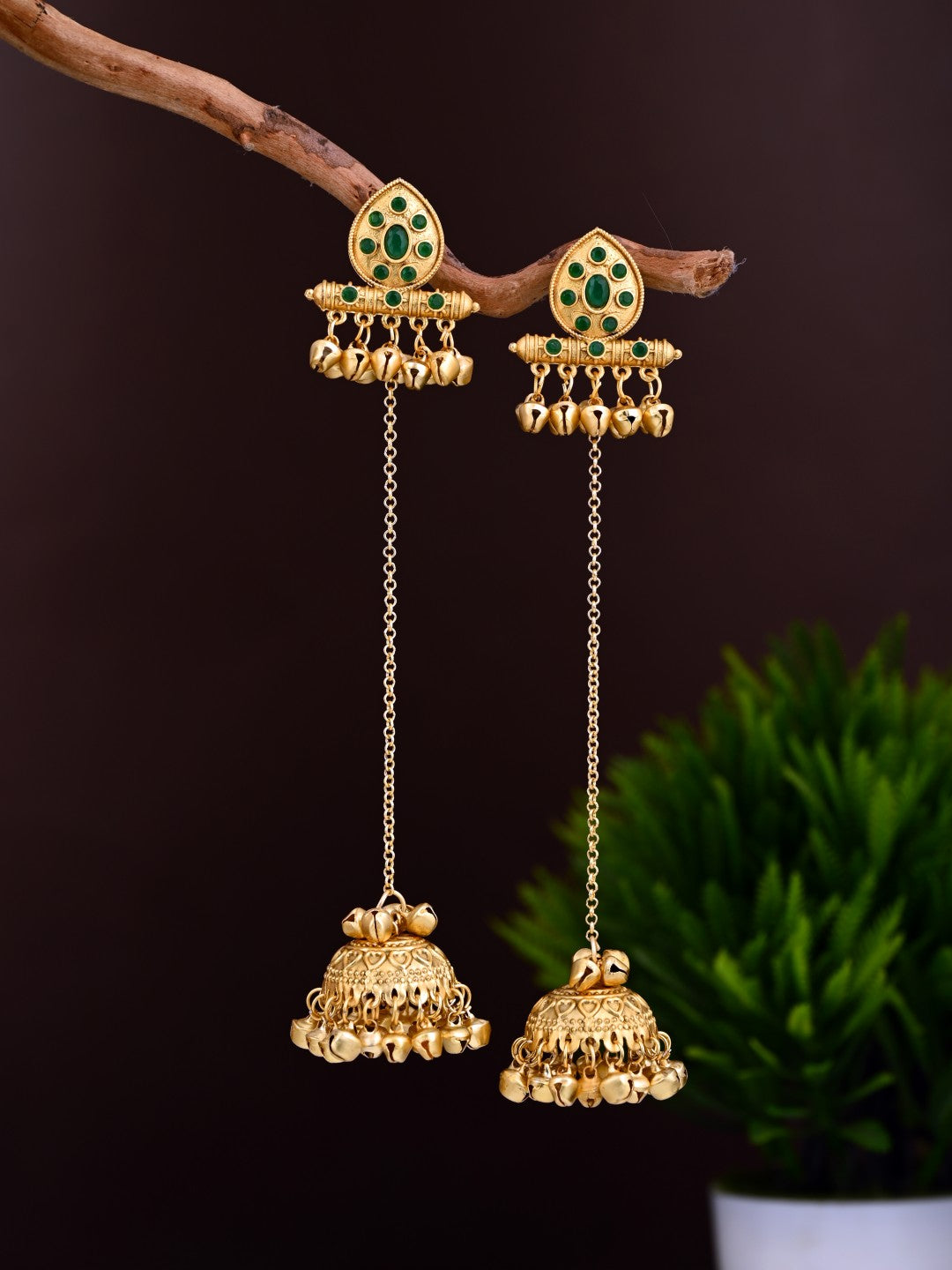 Emerald Temple Jhumka Earrings with Long Chain Tassels