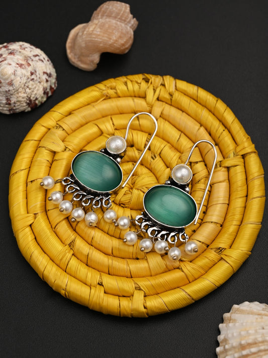 Sage green Stone Pearl Fringe Drop Earrings