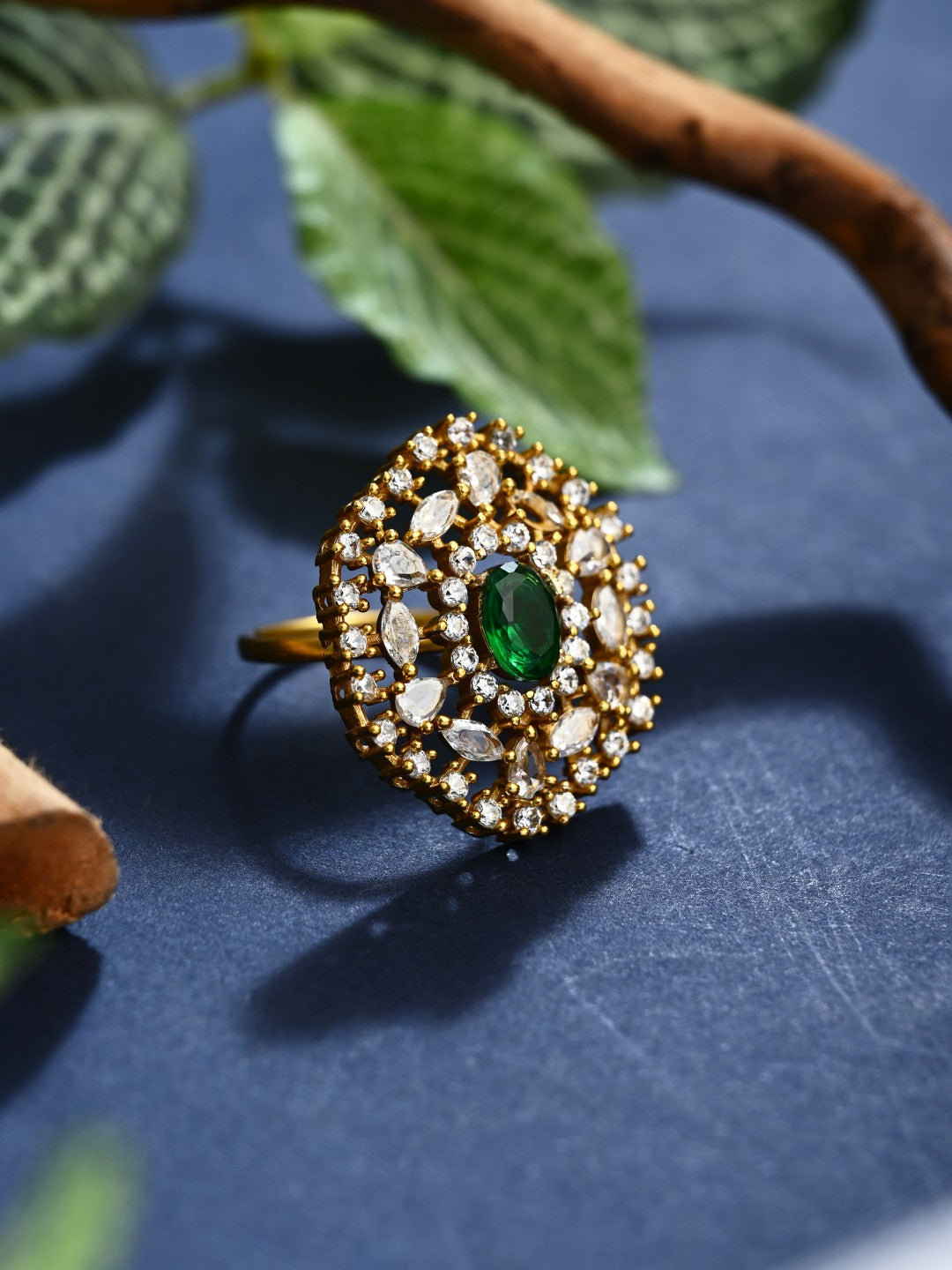 Emerald Green Stone & Crystal Floral Ring