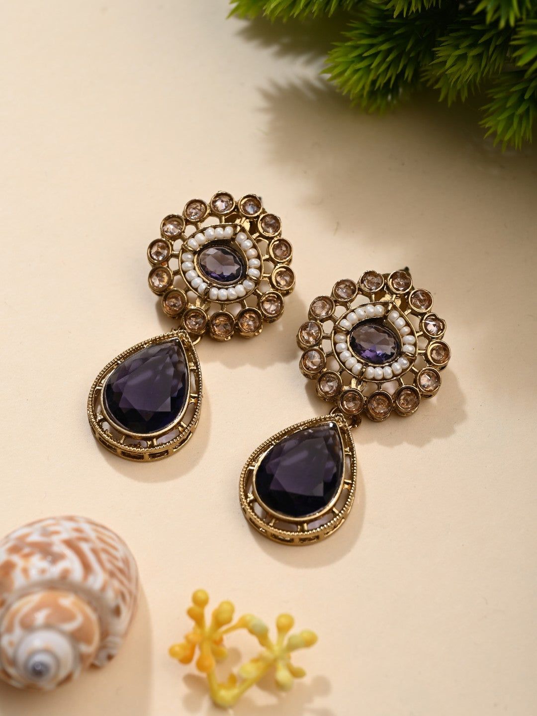 Gold plated Flower Stud with tear drop earring - Purple