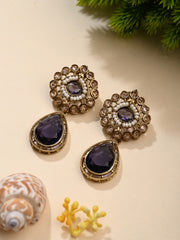 Gold plated Flower Stud with tear drop earring - Purple
