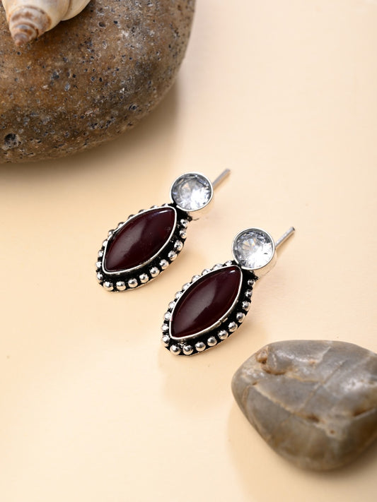 Silver-Tone Maroon Stone Statement Earring
