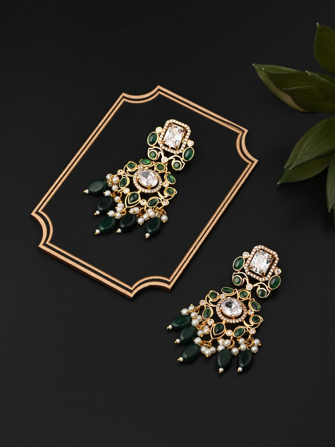 Gold plated Kundan & AD stone chandbali bali - Green
