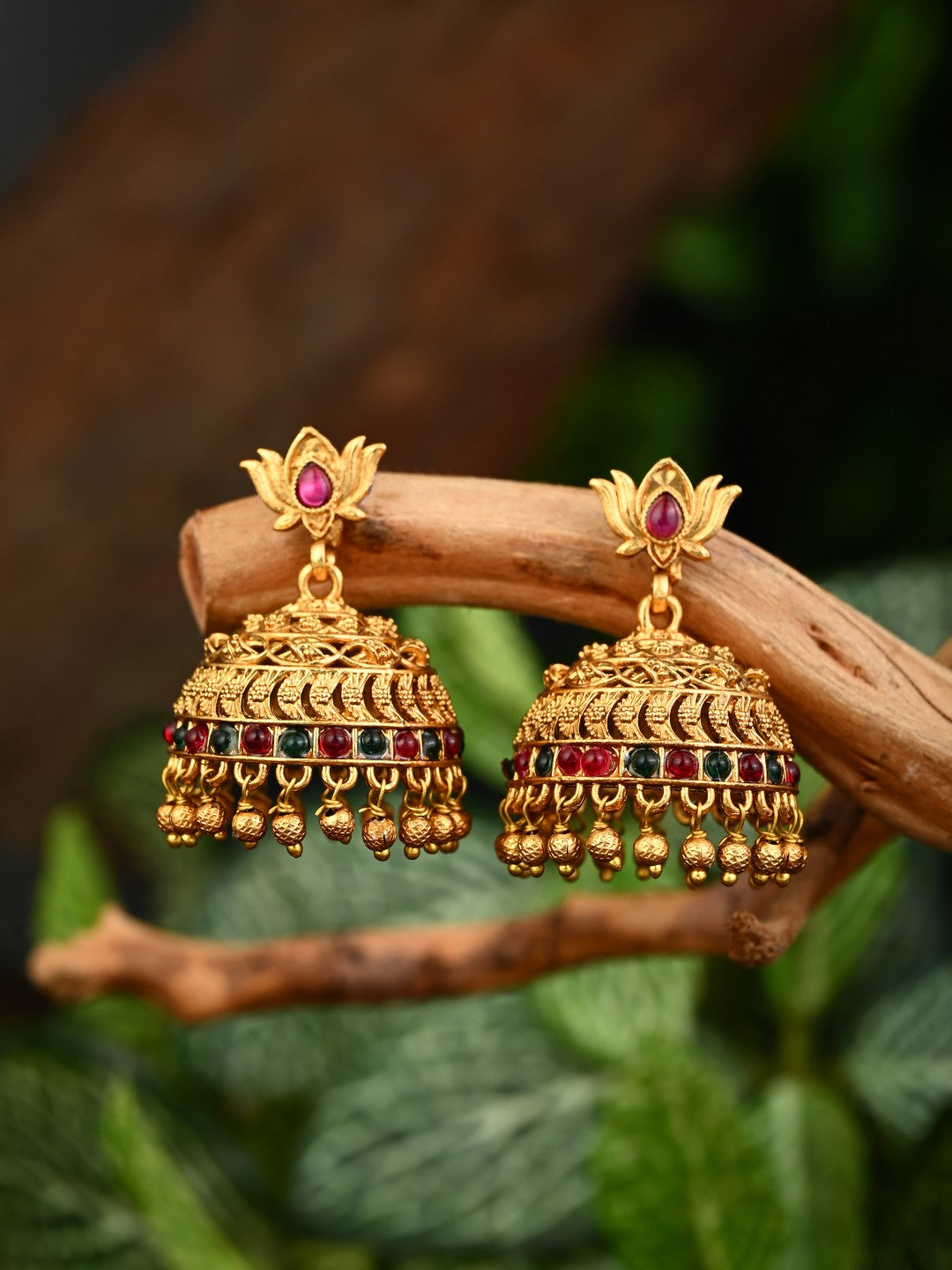 Ruby & Emerald Filigree Jhumka Earrings