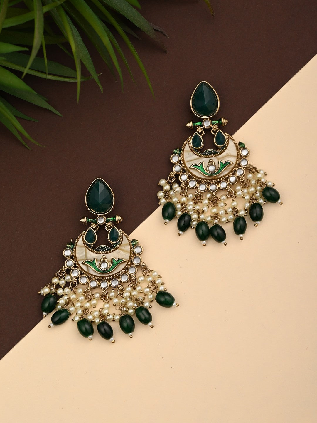Gold-Plated Meenakari Chandbali Earrings with Kundan & Pearl Drops - Green