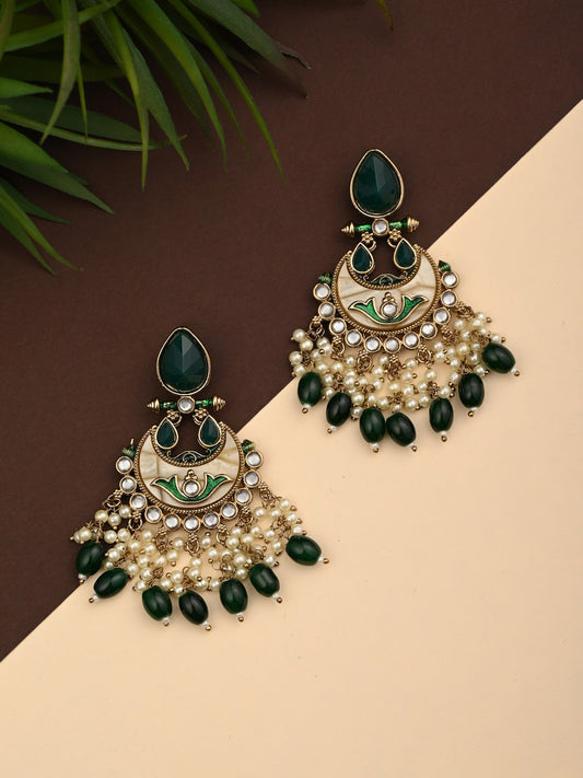 Gold-Plated Meenakari Chandbali Earrings with Kundan & Pearl Drops - Green