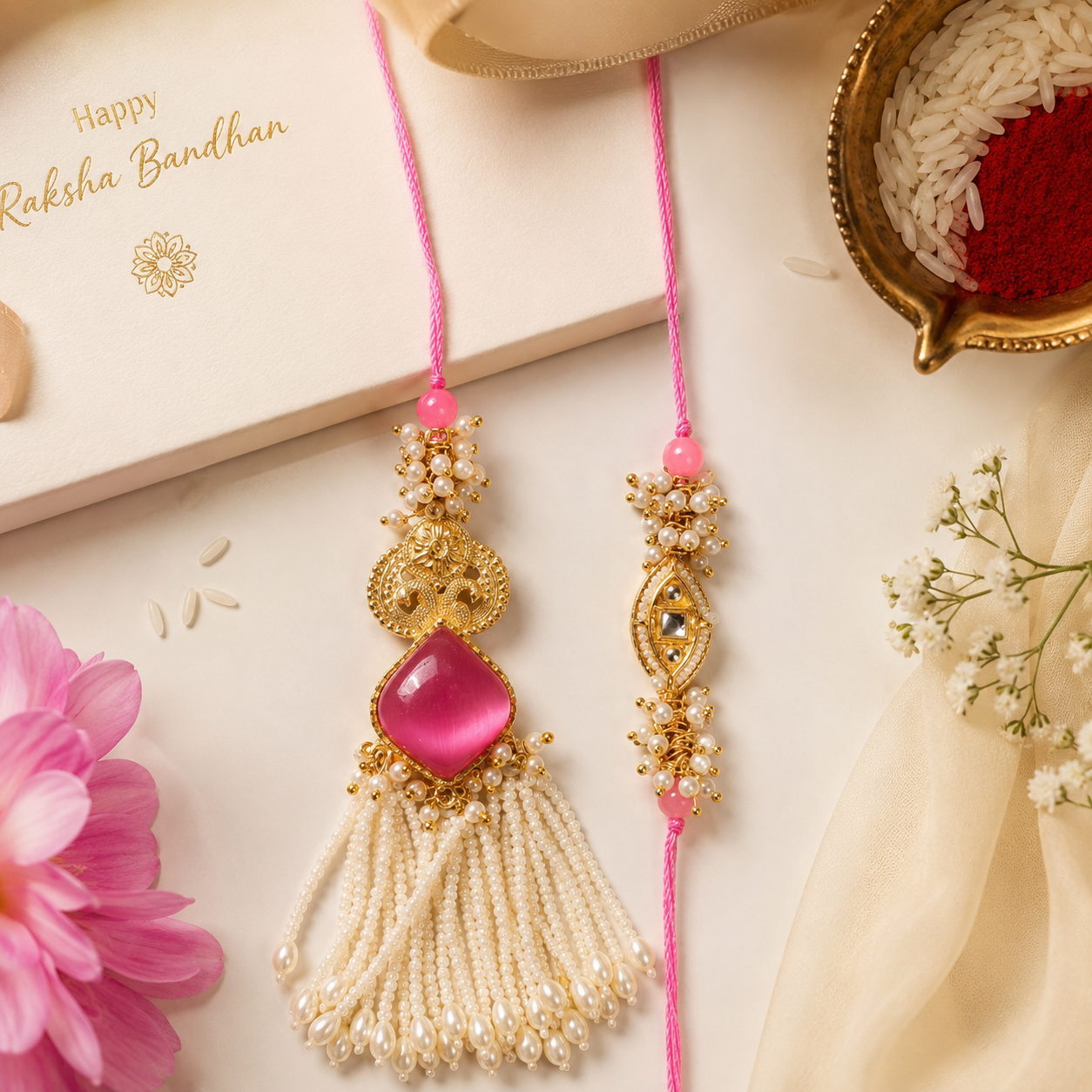 Pink Evil Eye Bhai Bhabhi Rakhi Set with Pearl Tassel Lumba