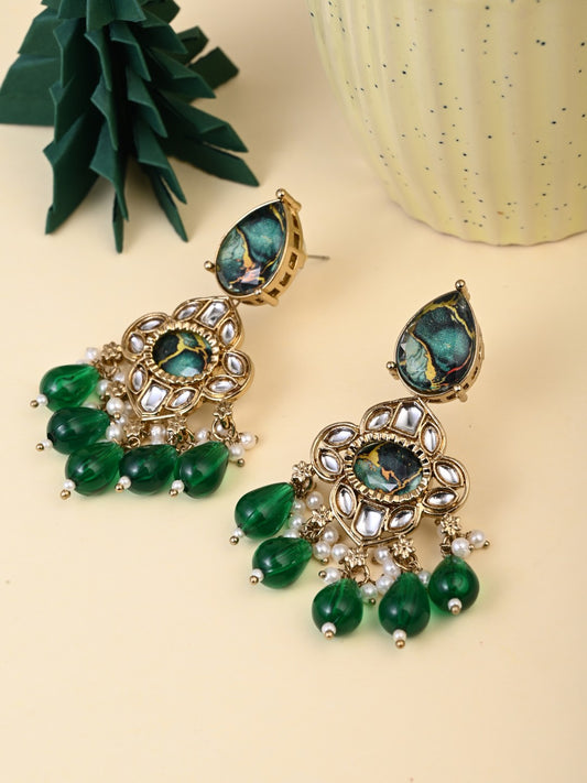 Gold-Plated Emerald Green Kundan Chandelier Earrings with Bead Drops
