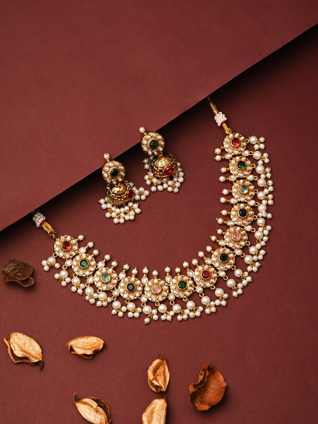 Gold-Plated Kemp Stone Necklace Set with Jhumka Earrings Multi