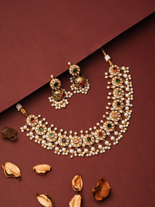 Gold-Plated Kemp Stone Necklace Set with Jhumka Earrings Multi