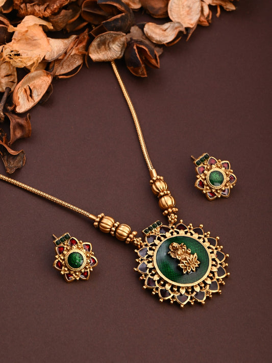 Antique Gold Goddess Motif Temple Necklace Set Green