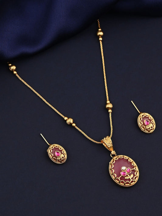 Floral Kundan Pendant Necklace & Stud Earrings Set Pink