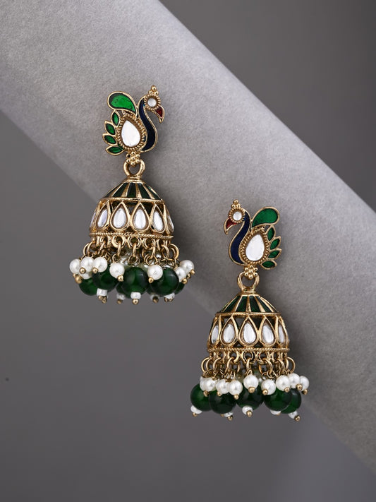 Peacock-inspired jhumka earrings- Green