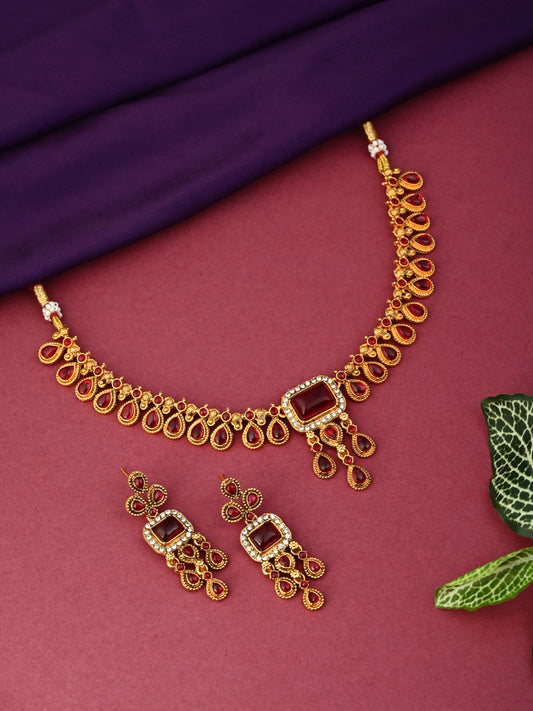 Ruby Red stone Necklace and Earrings Set