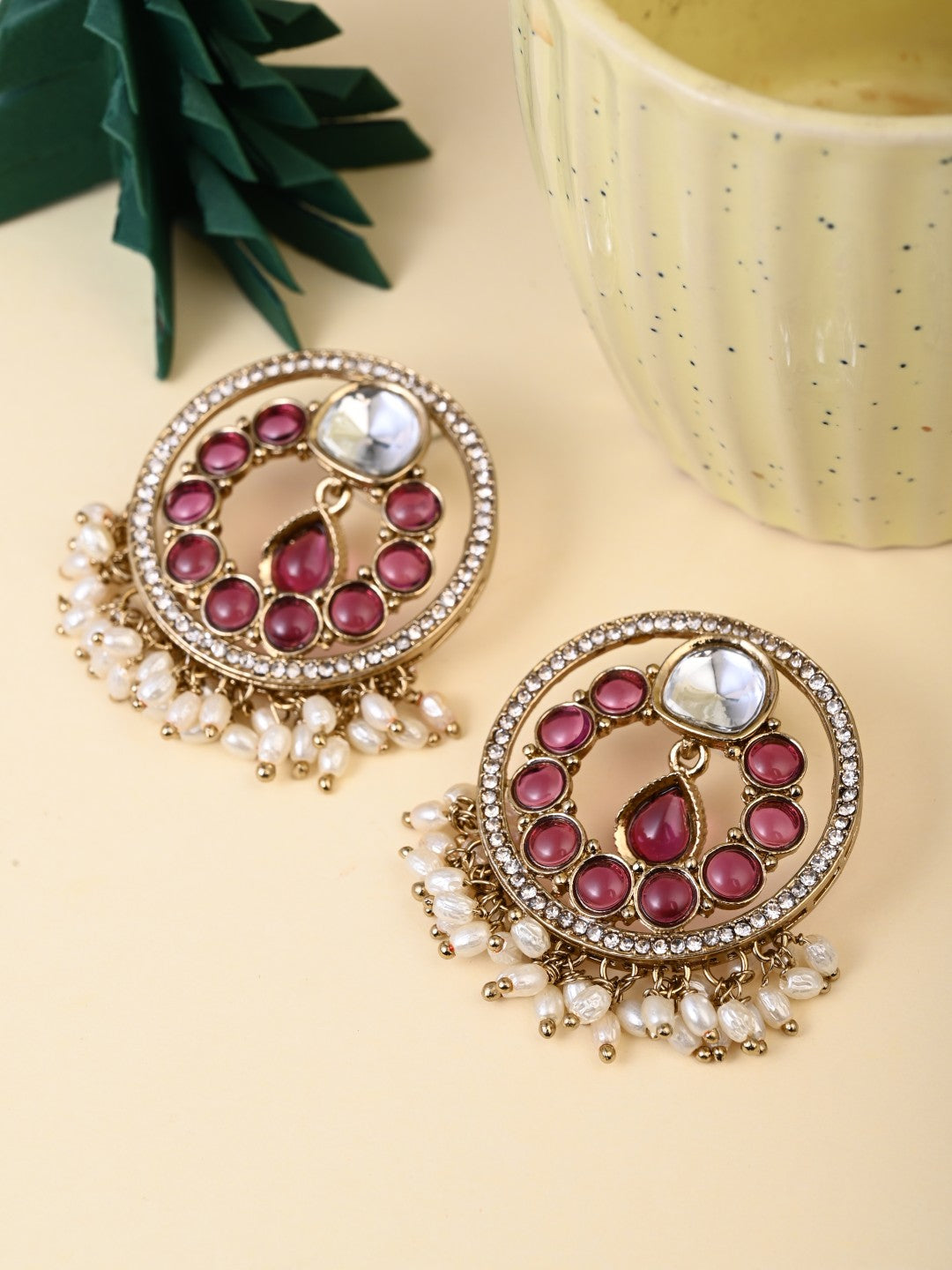 Regal Kundan Pearl Chandbali Earrings - Wine