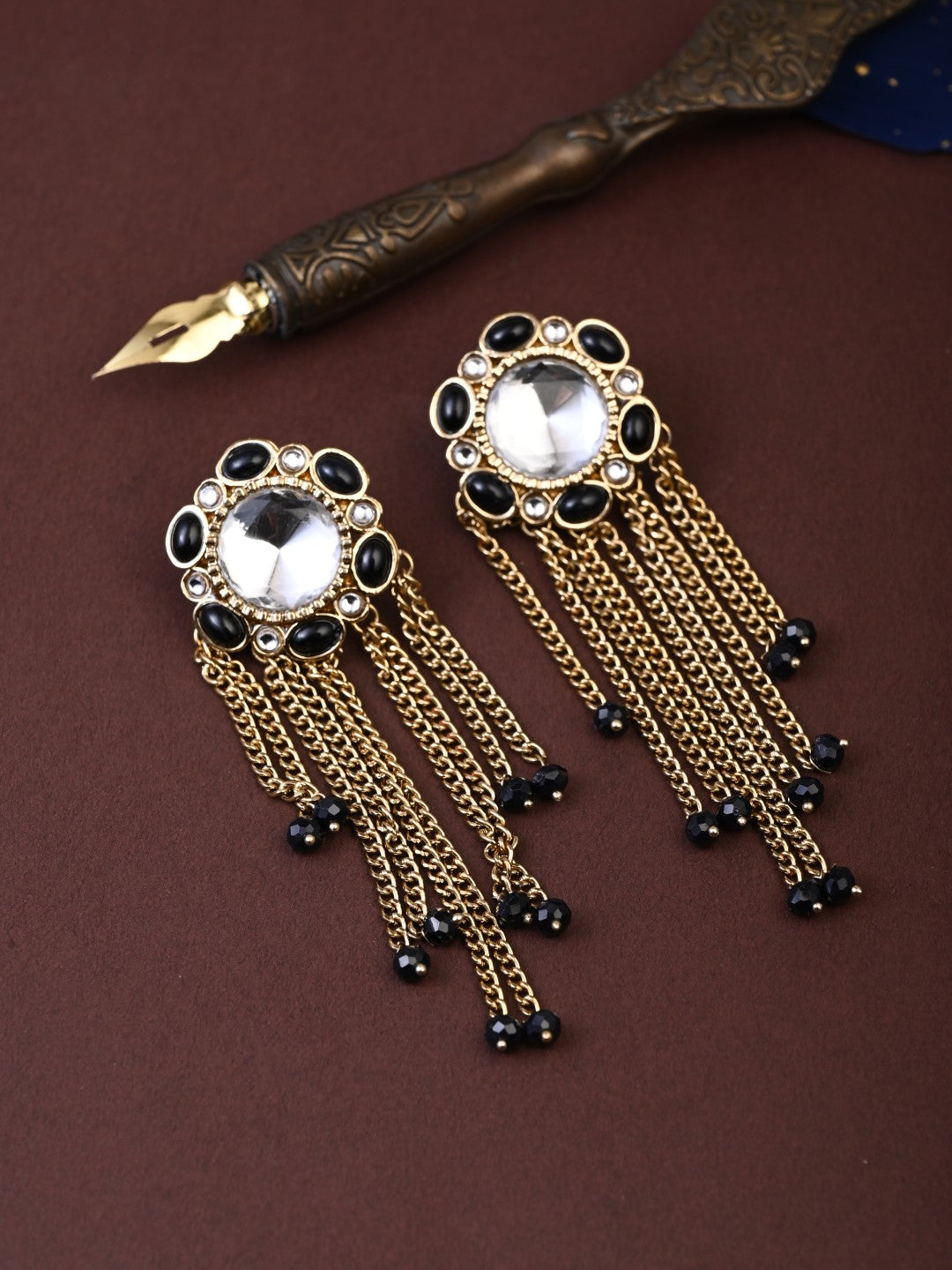 Kundan Tassel Drop Earrings - Black