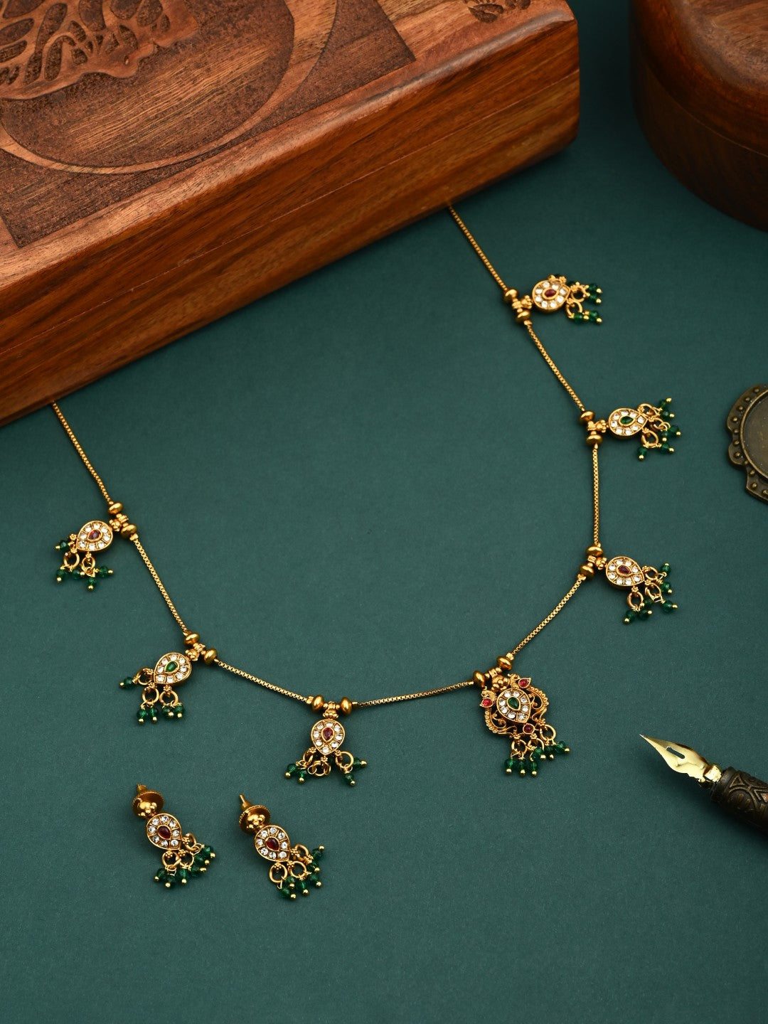 Ruby Emerald Filigree Necklace Earrings Set