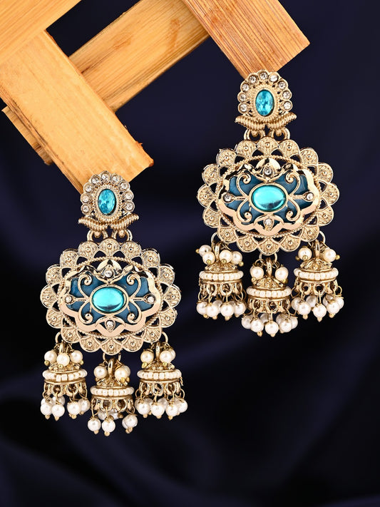 Gold-Toned Kundan Chandelier Earrings with Turquoise Stones