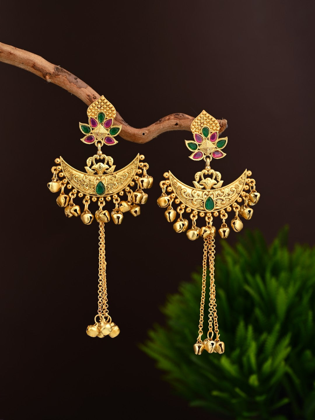 Multicolor Temple Chandbali Earrings with Ghungroo Chain Tassels